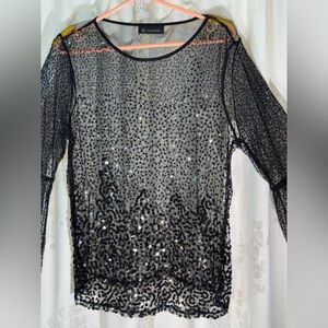 INC International Concepts Black Mesh Sequin Top